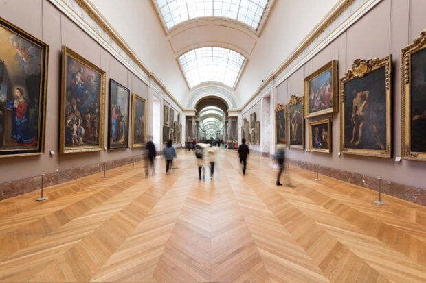 Visitors exploring art gallery corridor in the Louvre Museum