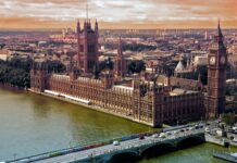 Houses of Parliament and Big Ben in London with Westminster Bridge over the River Thames, historic UK landmark and government building architectural view.