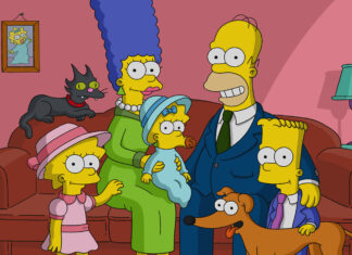 The Simpsons characters family sitting on the sofa with pets in a cozy living room