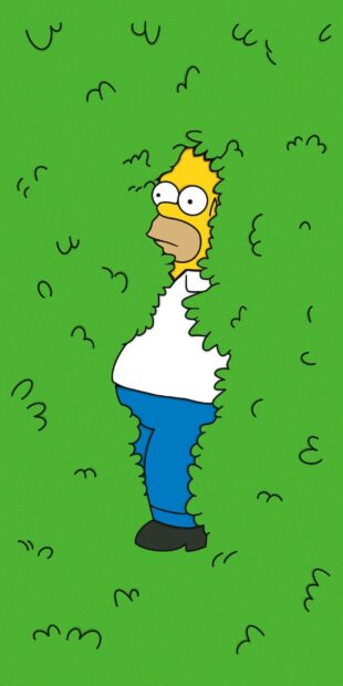 Homer Simpson peeking out from behind green bushes in a humorous scene