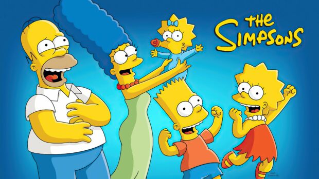 The Simpsons characters posing together as a happy family on a bright blue background