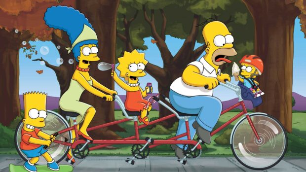 The Simpsons family enjoying a bike ride in the park with bubbles and an ice cream cone