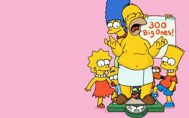 Homer and his family from The Simpsons standing on a scale with a pink background