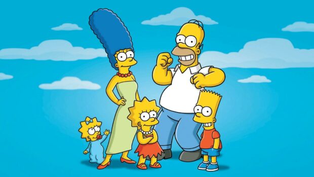 The Simpsons family standing together with Marge Bart Lisa Maggie and Homer in bright blue sky background