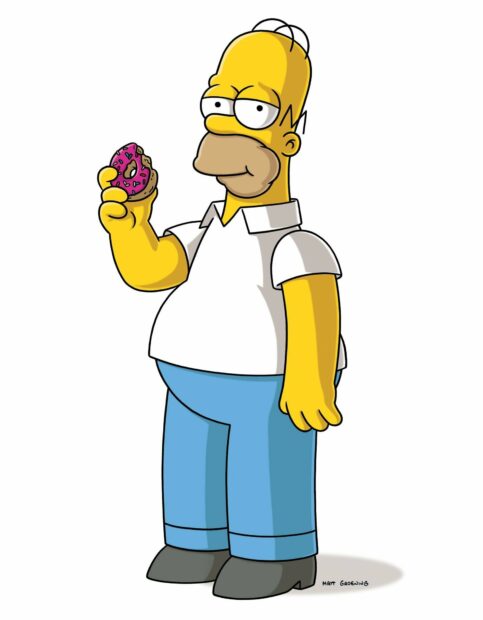 Homer Simpson holding a donut in a white shirt and blue pants from The Simpsons