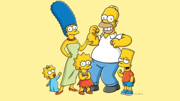 The Simpsons characters standing together with Marge Lisa Bart Maggie and Homer in cartoon style