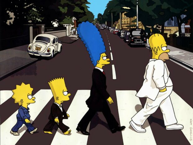 The Simpsons characters walking across a street in a scene inspired by a famous album cover