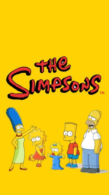 The Simpsons family standing together on a bright yellow background
