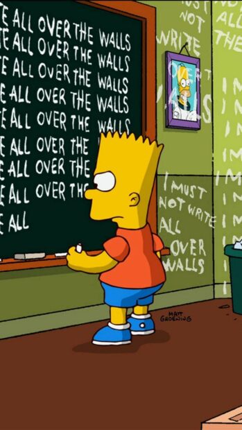 Bart Simpson writing on the chalkboard in a classroom from The Simpsons
