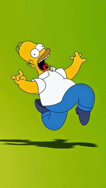 Homer Simpson character jumping joyfully on a green background