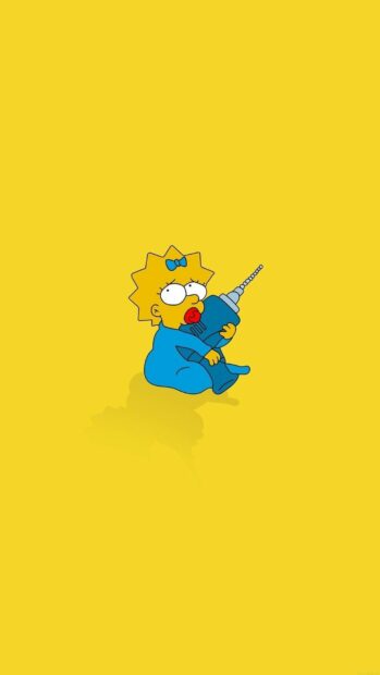 Maggie from The Simpsons holding a blue toy on a yellow background