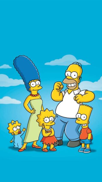The Simpsons characters standing together on a blue sky background