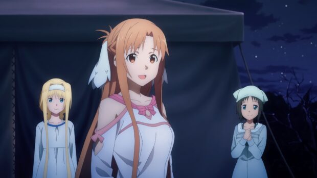 Three characters from Sword Art Online appear happy together at night under the stars, 4K Desktop Wallpaper