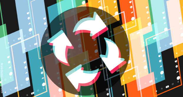 White circular arrows icon on colorful layers of social media interface elements representing tiktok