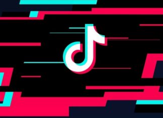The TikTok logo glitch effect with vibrant red and blue colors on a black background