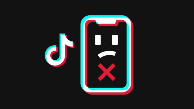 Glitch style smartphone with sad face and cross sign symbolizing tiktok error screen