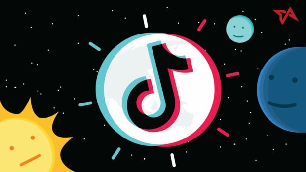 The TikTok symbol floating in space with smiling planets and stars surrounding it