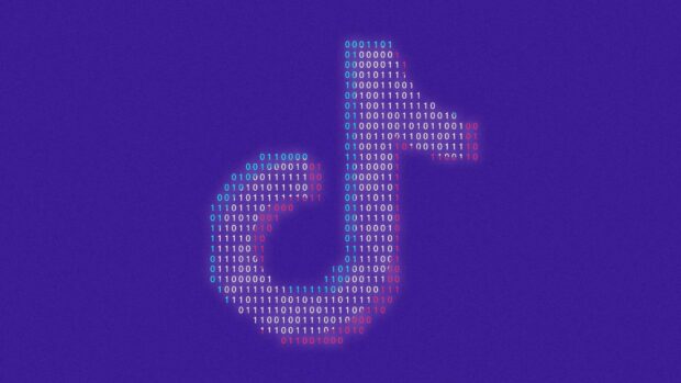 Binary code forming the Tiktok symbol on a purple background