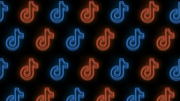 Neon style tiktok pattern featuring glowing red and blue signs on black background