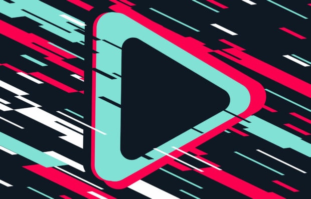 Abstract digital art featuring a play button symbol with glitch effects inspired by Tiktok design