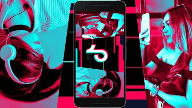 A person with headphones listening to music in a colorful tiktok scene