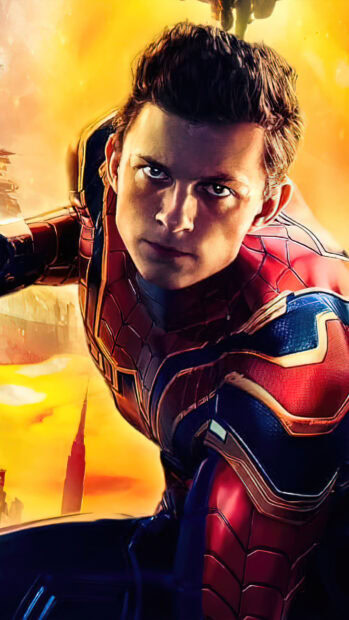 Tom Holland as Spider Man is captured in a dramatic pose with a cityscape background, 4K Phone Wallpaper