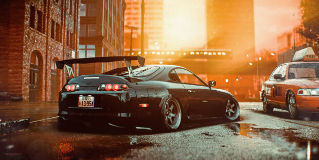 Nighttime city street with customized sports cars, wet pavement, rain reflections, red brick buildings, and an urban setting.