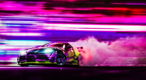 Hyperrealistic neon-lit drift car performing a burnout on a city street at night.