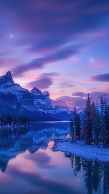 A peaceful mountain scenery reflects in the lake under a purple twilight sky, HD Phone Wallpaper