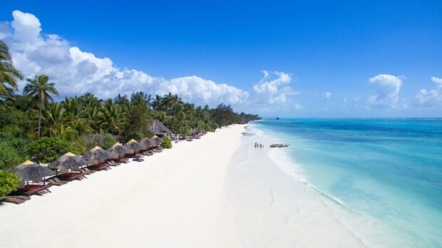 A pristine Zanzibar beach with turquoise water and palm trees under a clear blue sky, HD Desktop Wallpaper