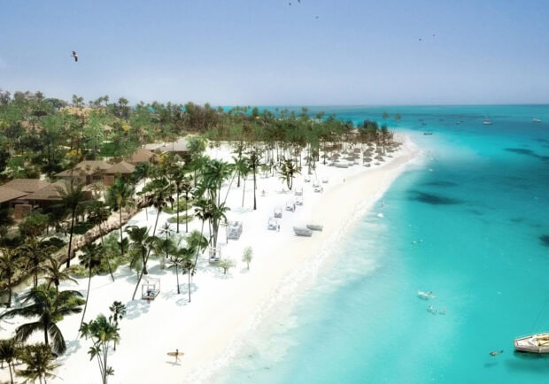 A beautiful tropical Zanzibar coastline with clear turquoise water and white sandy beach lined with palm trees, 2K Desktop Wallpaper