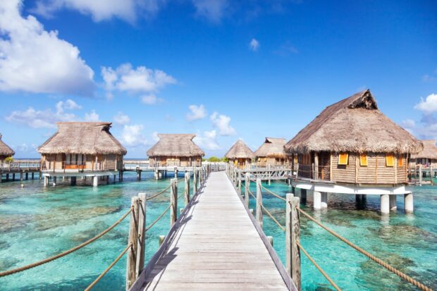 A wooden walkway leads to tropical bungalow houses over clear water under a sunny sky, HD Desktop Wallpaper