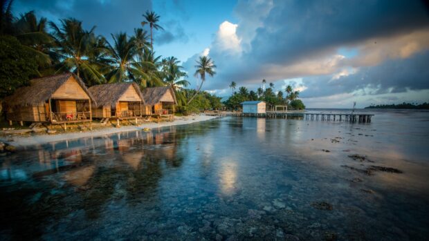 A peaceful view of bungalow wallpapers by the coast with palm trees and calm water, 4K Desktop Wallpaper