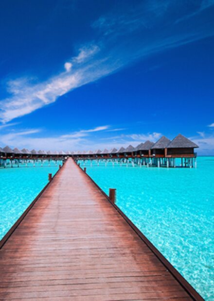 A wooden pier leads to tropical bungalows over clear turquoise water, 2K Mobile Wallpaper