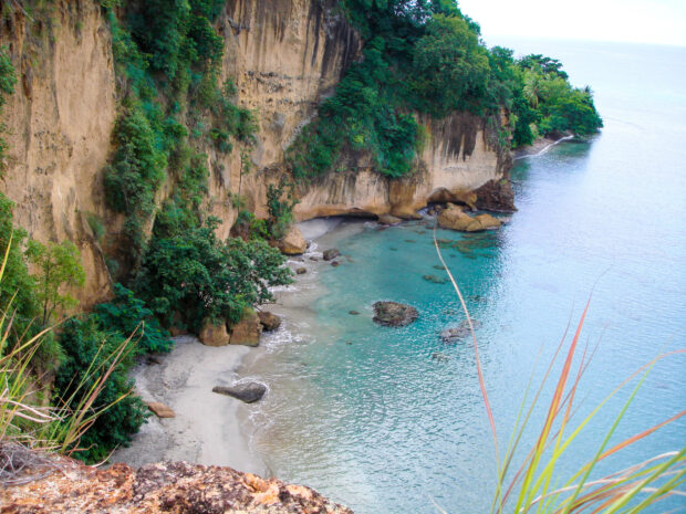 A picturesque view of a tropical cove with cliffs and clear water on Dominica Island, HD Desktop Wallpaper