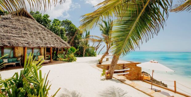 This image shows a tropical beachside hut and palm trees in Zanzibar, Zanzibar Wallpapers, HD Desktop Wallpaper