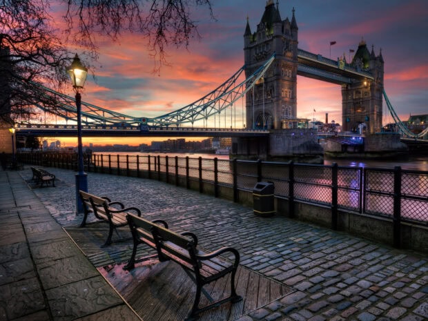 The United Kingdom Wallpapers show Tower Bridge at sunset with colorful sky over the Thames River, HD Desktop Wallpaper
