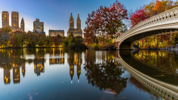 Autumn foliage and city skyline reflection over a lake in United States