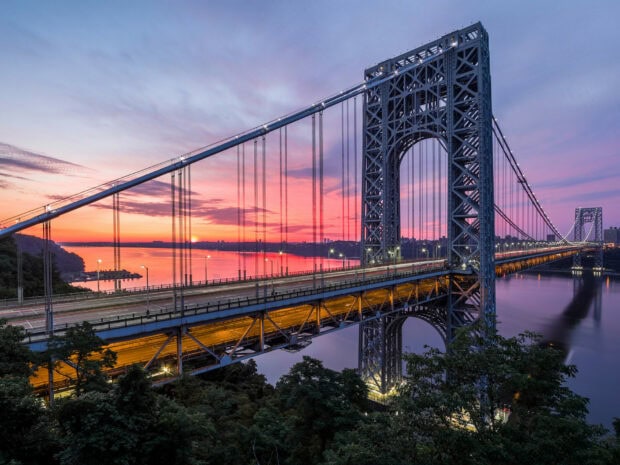 George Washington Bridge at sunset represents a famous United States landmark with vibrant sky colors