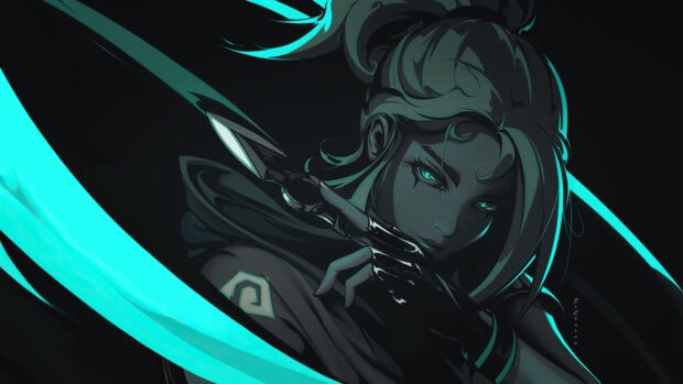 A fierce Valorant character with glowing teal eyes holding a glowing blade in a dark setting