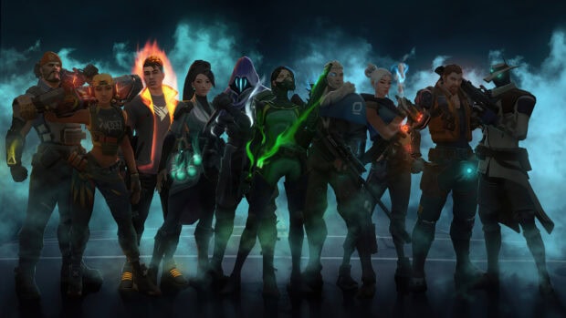 Valorant agents standing together in a dark smoky environment with glowing powers and weapons