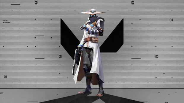 Valorant character Agent Cypher standing with a futuristic hat and white coat holding a gun