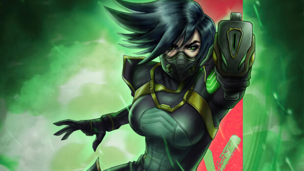 Valorant character in a tactical suit aiming a gun in a green smoky environment