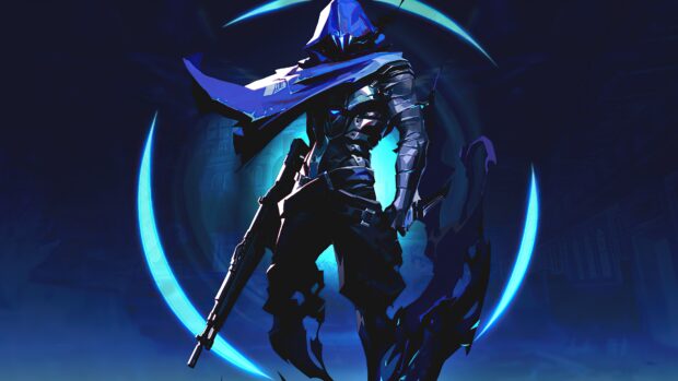 Valorant character in futuristic armor holding a rifle with glowing blue crescent shapes in the background