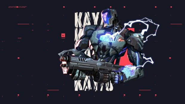 Valorant character Kayo with electric powers holding a futuristic weapon on dark background