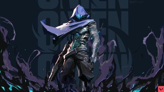 Valorant character Omen stands with a cloak and rifle surrounded by dark purple shadows