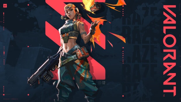 Valorant character Raze throwing an explosive canister in action pose