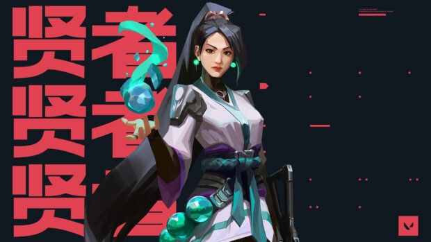 Valorant character Sage casting a magical orb with red kanji symbols in the background