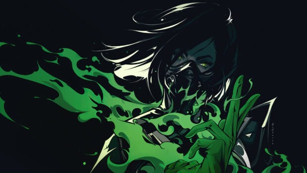 Valorant character wearing a gas mask with glowing green eyes and swirling green smoke around her hand