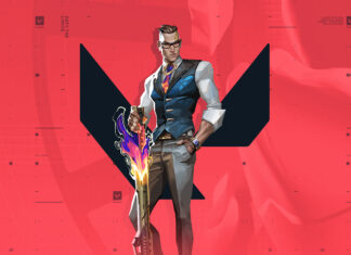 Valorant character with a flaming rifle standing confidently against a red background